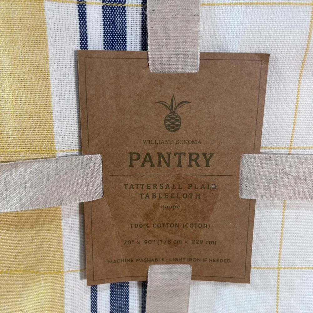 Williams Sonoma Tablecloth 70x90 Yellow White Blue Tattersall Plaid Cotton